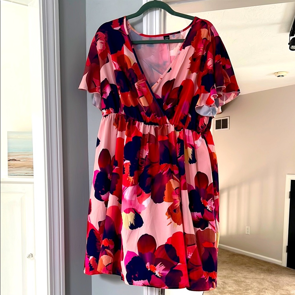 SHEIN Red and Pink Flutter Sleeve Midi Sundress